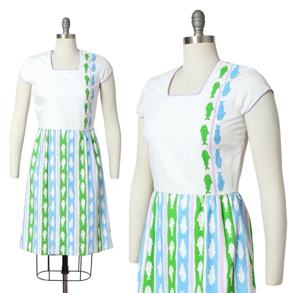 Vintage 1970s Dress 70s VESTED GENTRESS Fish Novelty Print Day Dress